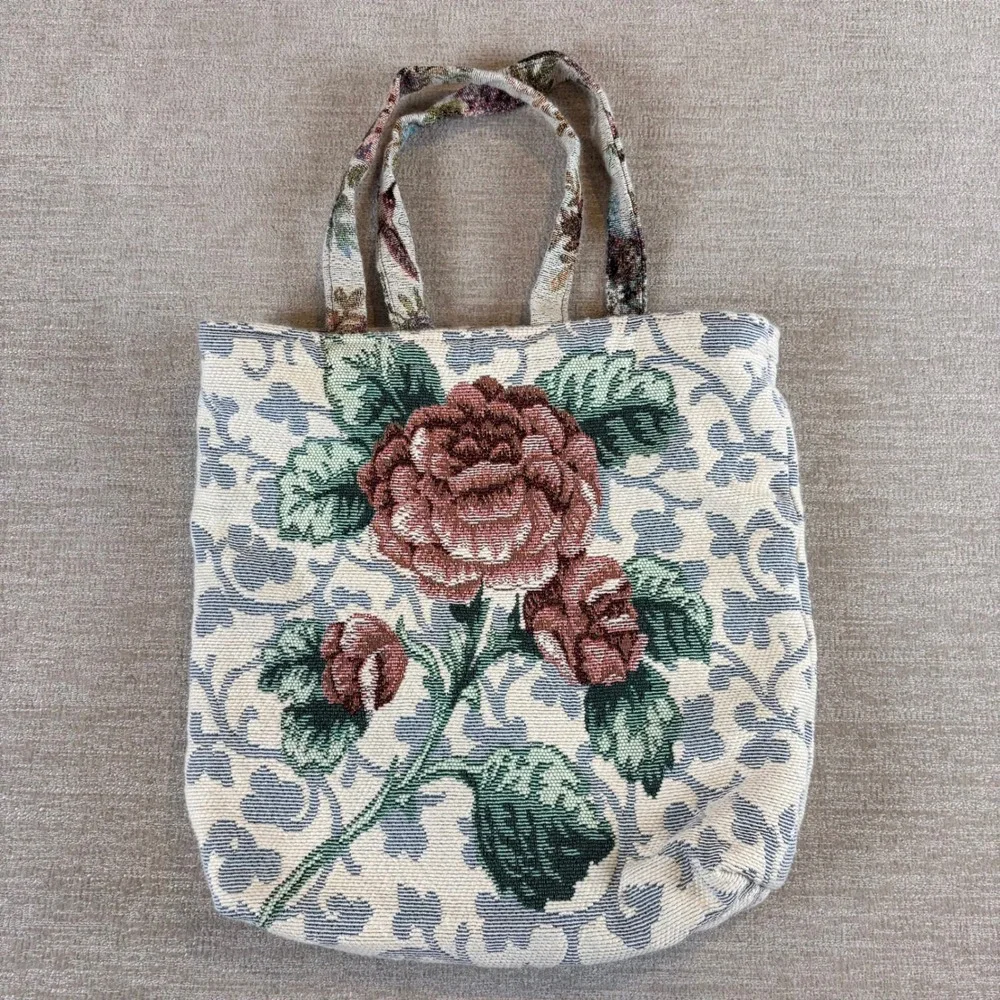 Vintage Floral Tapestry Tote Bag Woven Rose Cottagecore Burgundy Lined Handbag